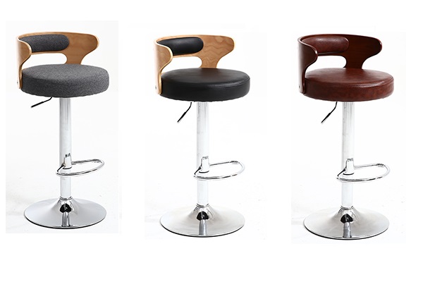 OK-BS037 Faux Leather Walnut Bentwood Adjustable Height Swivel Chairs Ergonomic Back Tall Bar Stool Footrest