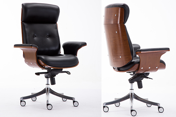 OK-BS027 Exquisite Century High Back Office Chair in Black Faux Leather and Walnut Wood, Chrome Finish