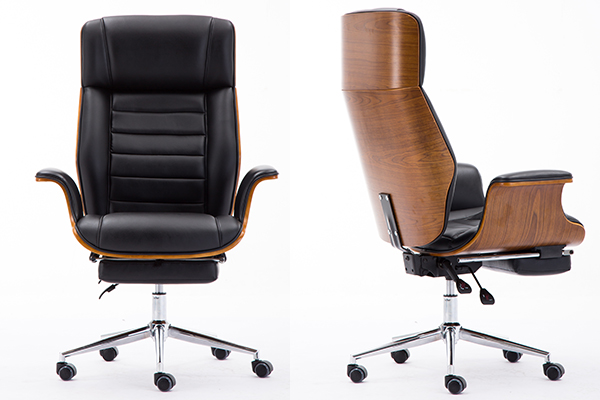 BS-025 Contemporary Black Leather High Back Walnut Wood Executive Swivel Ergonomic Office Chair